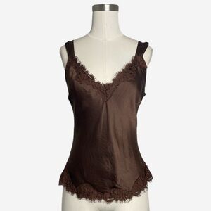 Vintage 90s Bellablu Brown silk lace trim v-neck babydoll cami capsule y2k S